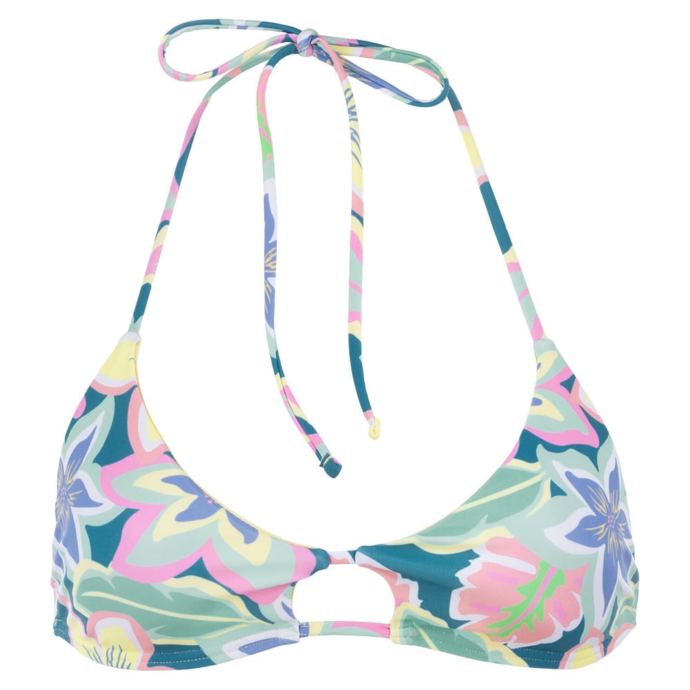 Multicolored floral bikini top with halter neck ties and a keyhole detail at the center.