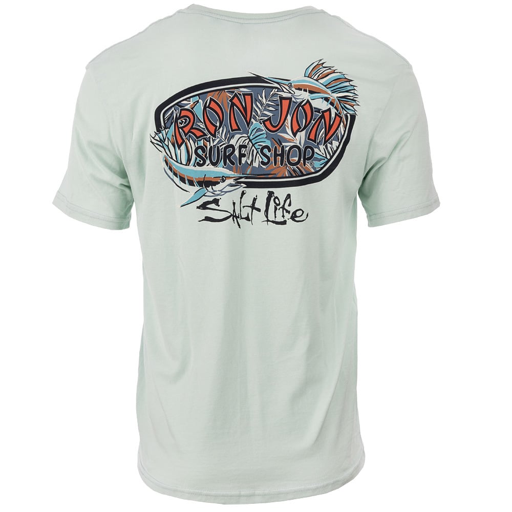 Light green short-sleeve t-shirt with a large Ron Jon Surf Shop and Salt Life graphic featuring a fish and tropical design on the back.