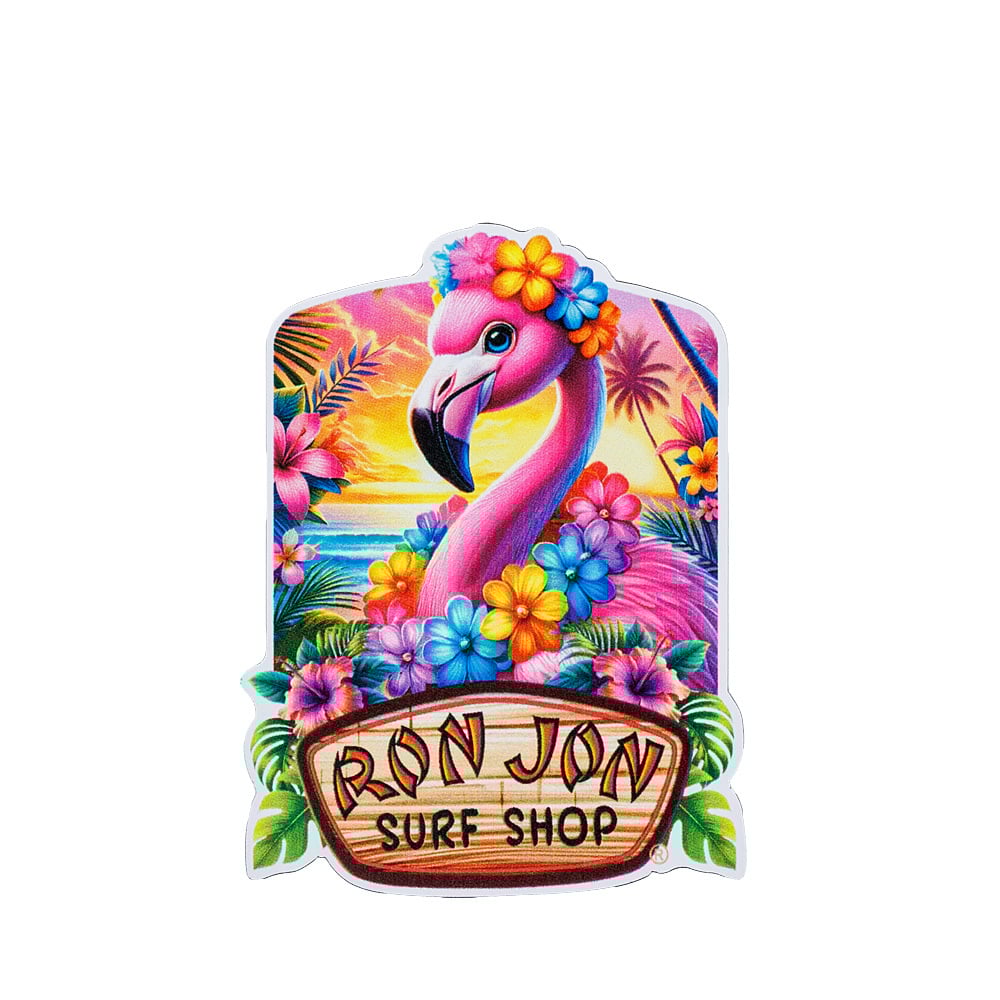 Illustrated flamingo with flowers, tropical sunset background, and Ron Jon Surf Shop text on a wooden sign.