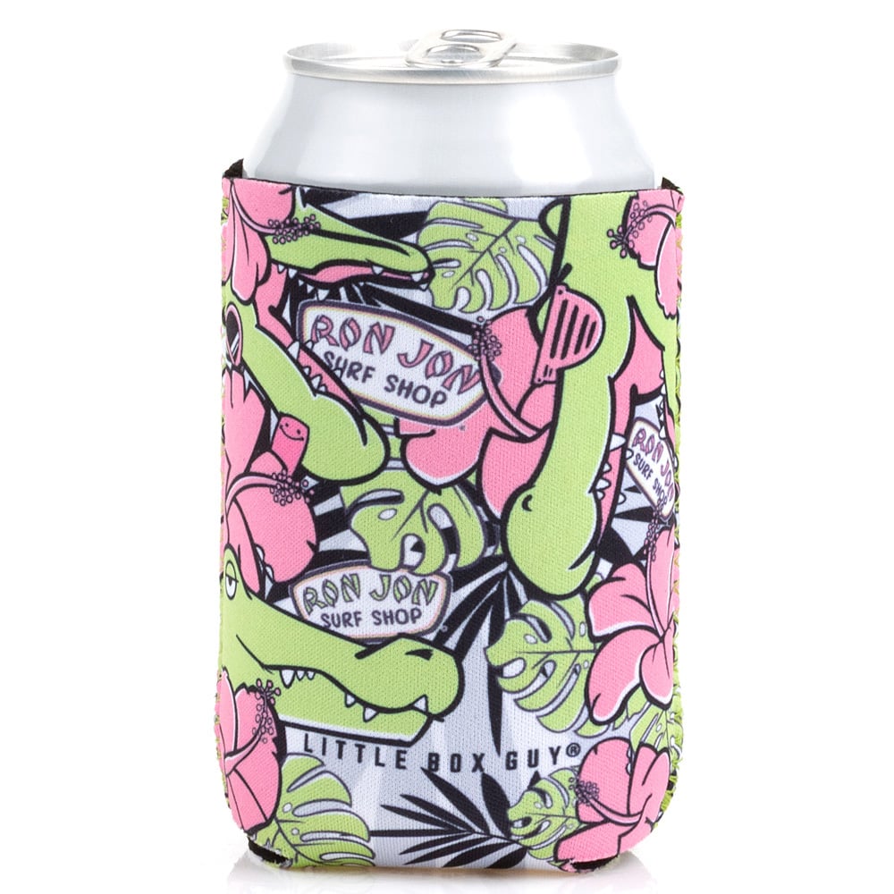Can in a colorful coozie with tropical flower and leaf designs, pink and green colors, featuring Ron Jon Surf Shop text and alligator illustrations.
