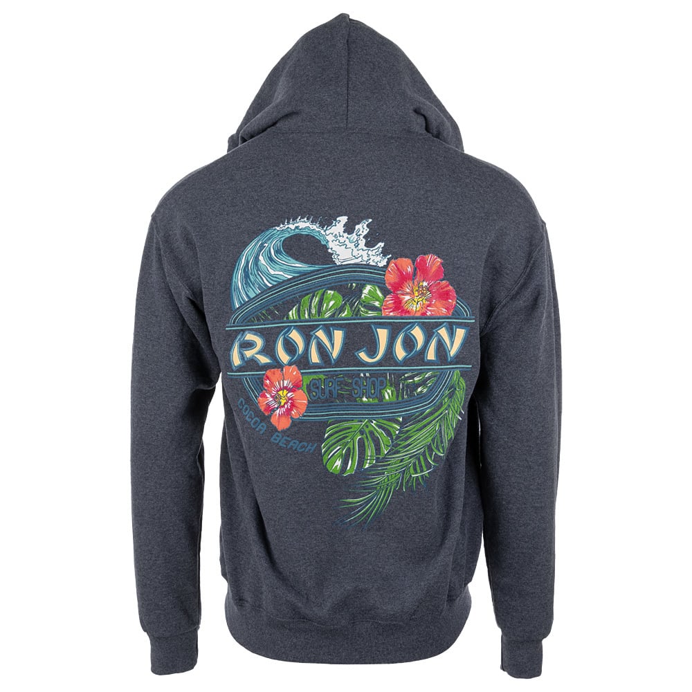 Gray hoodie with colorful Ron Jon Surf Shop logo on the back, featuring a wave, flowers, and palm leaves.