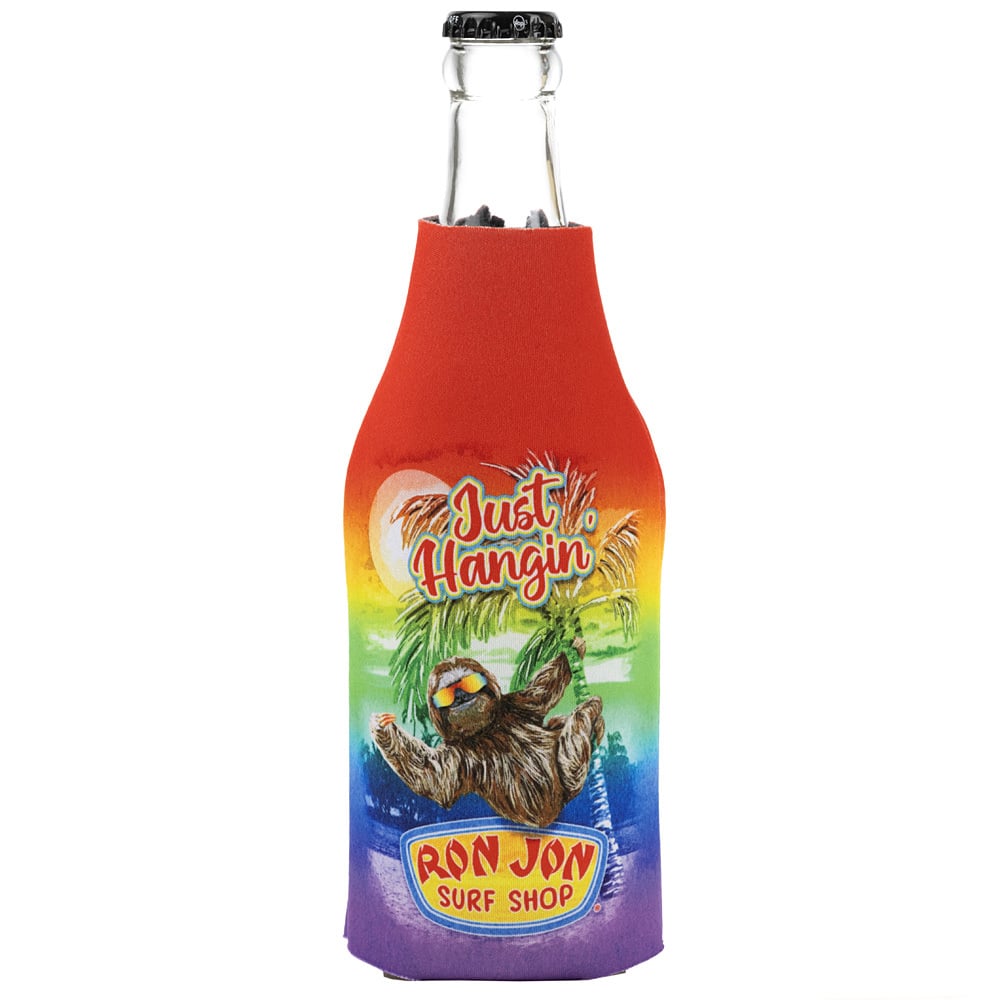 A bottle in a colorful coozie with a sloth, palm tree, and text reading Just Hangin and Ron Jon Surf Shop.