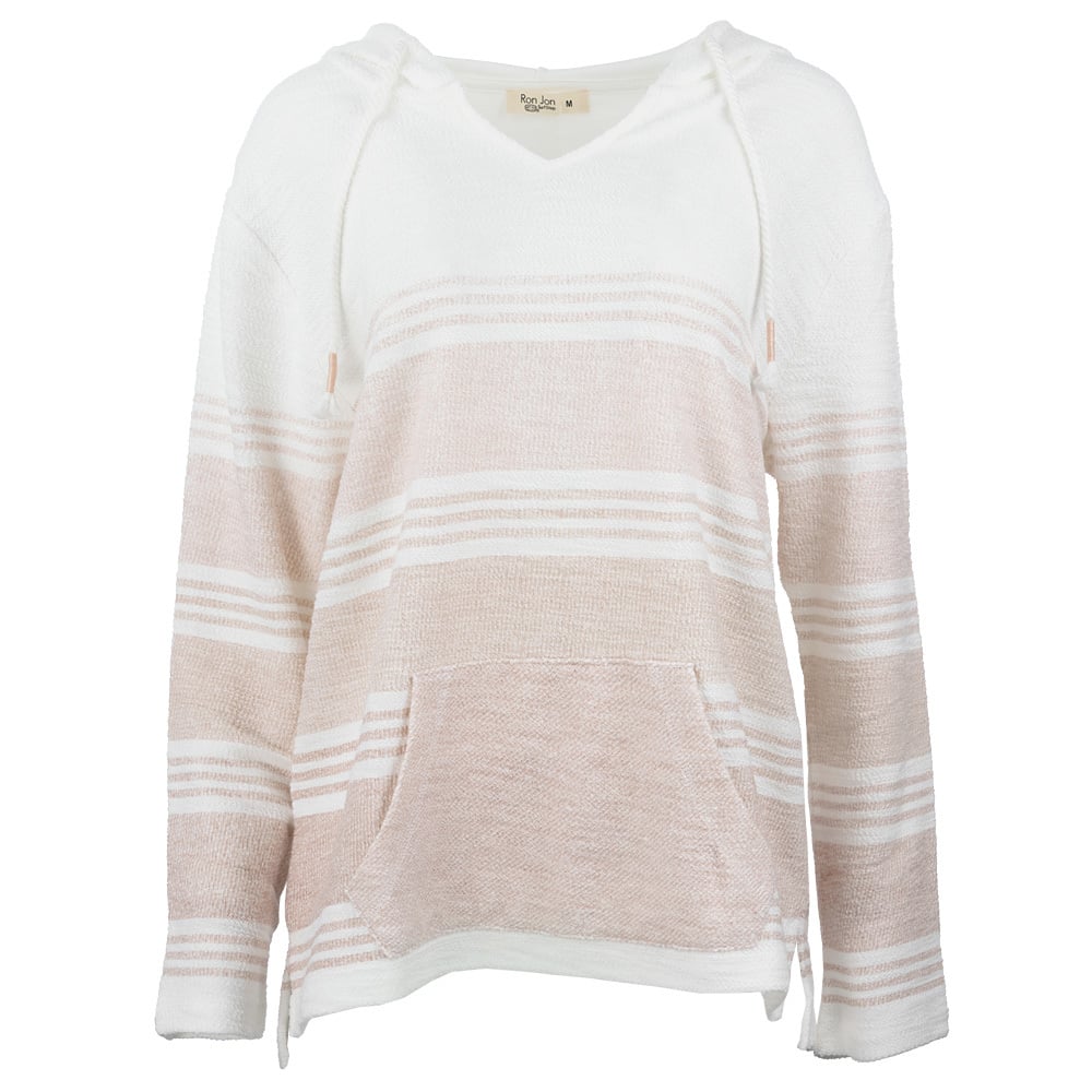A light brown and white striped hoodie with a front pocket and drawstrings, displayed on a plain white background.