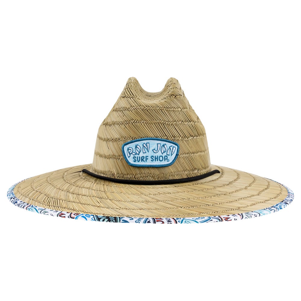 Straw hat with a wide brim and a multicolored edge trim. Features a Ron Jon Surf Shop patch on the front.