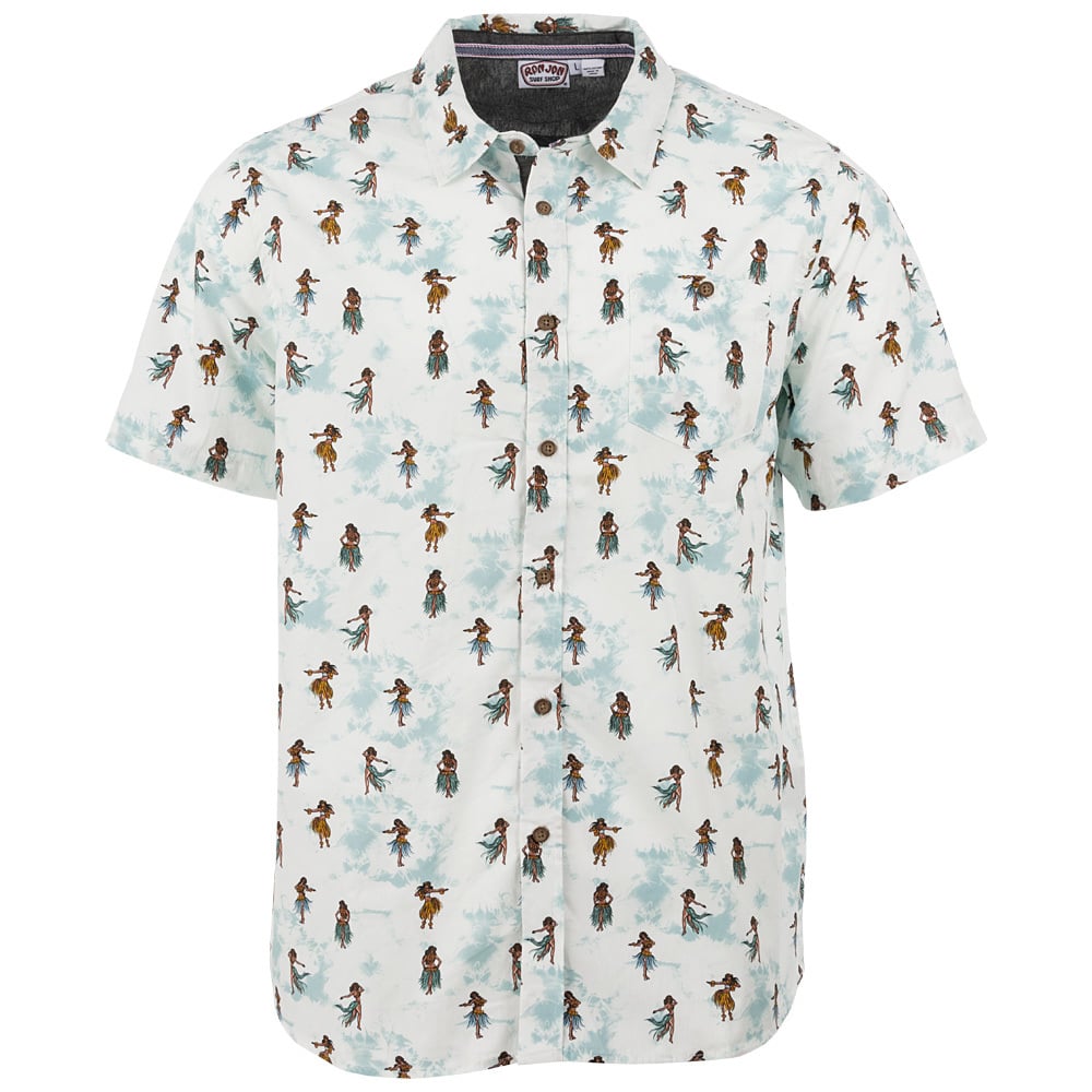 Light blue short-sleeve button-up shirt with a pattern of small figures dancing.