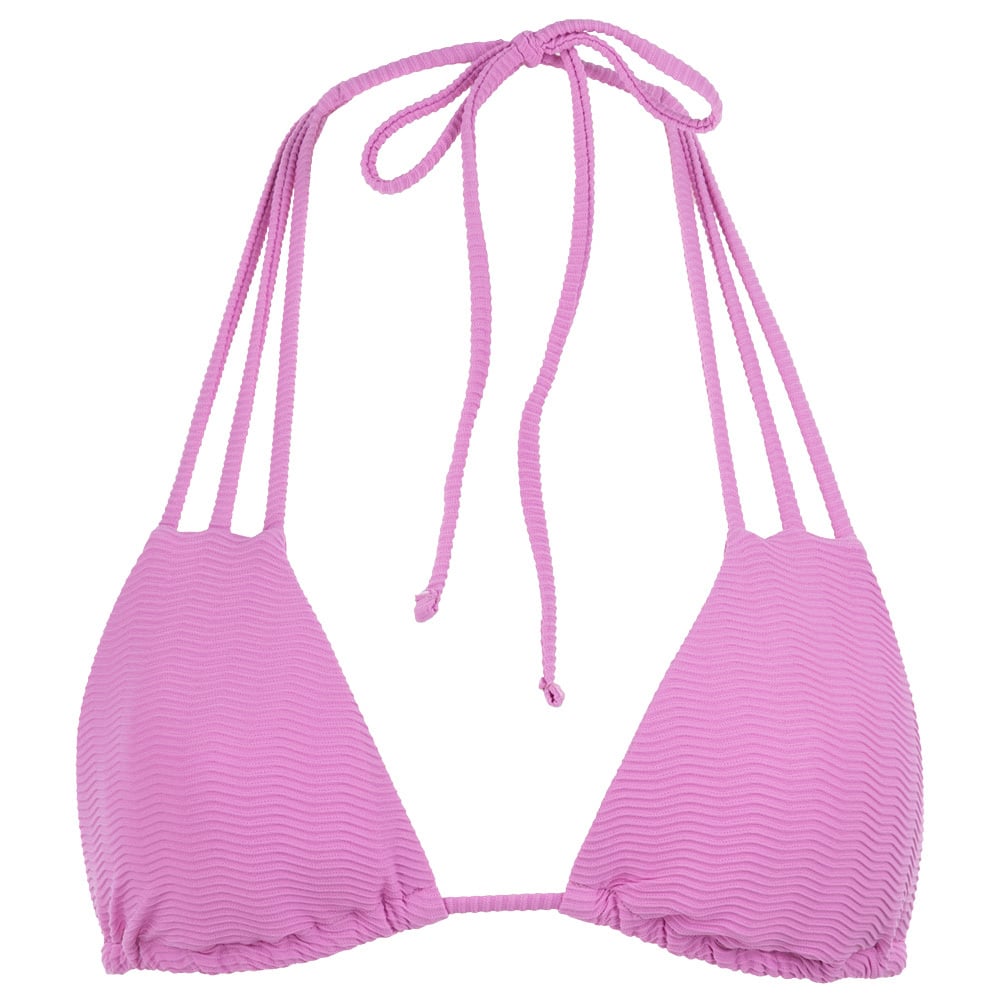 Purple halter bikini top with wavy texture, featuring double straps and tie closure at the neck.