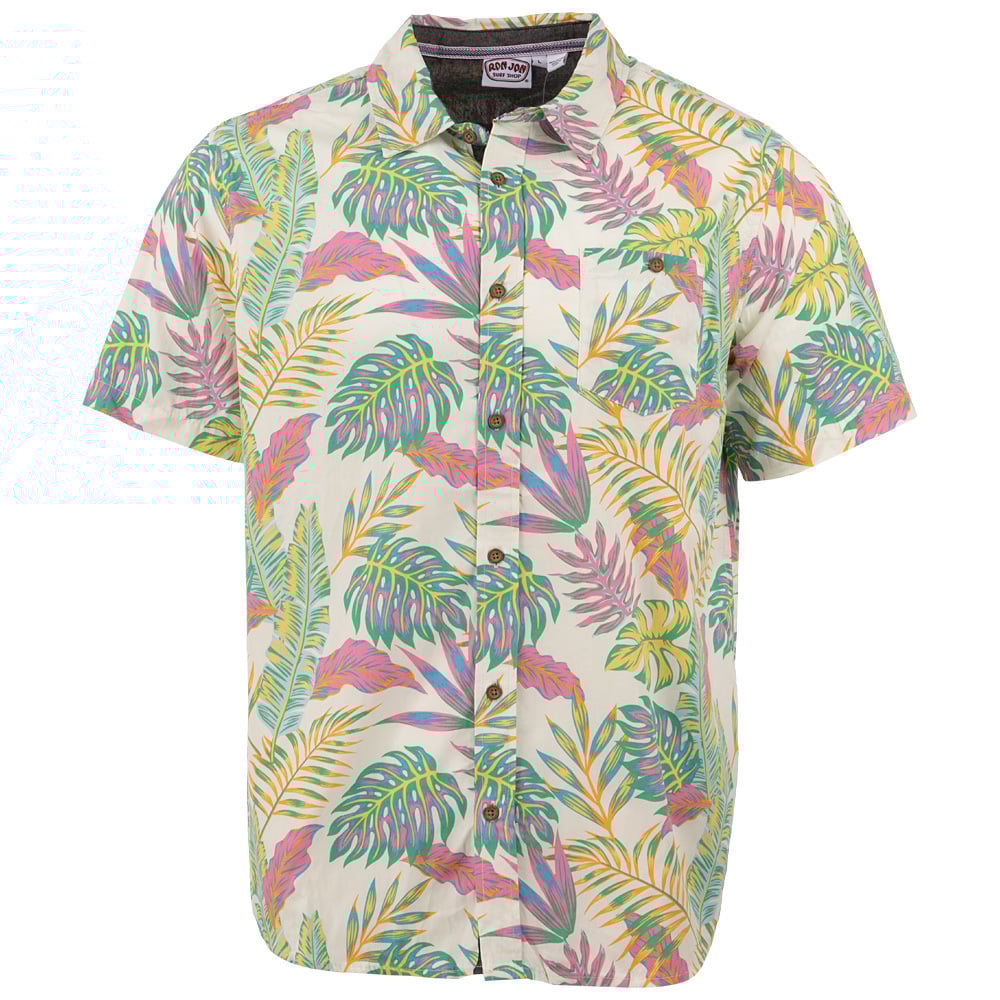 Short-sleeve button-up shirt with a colorful tropical leaf pattern on a white background.