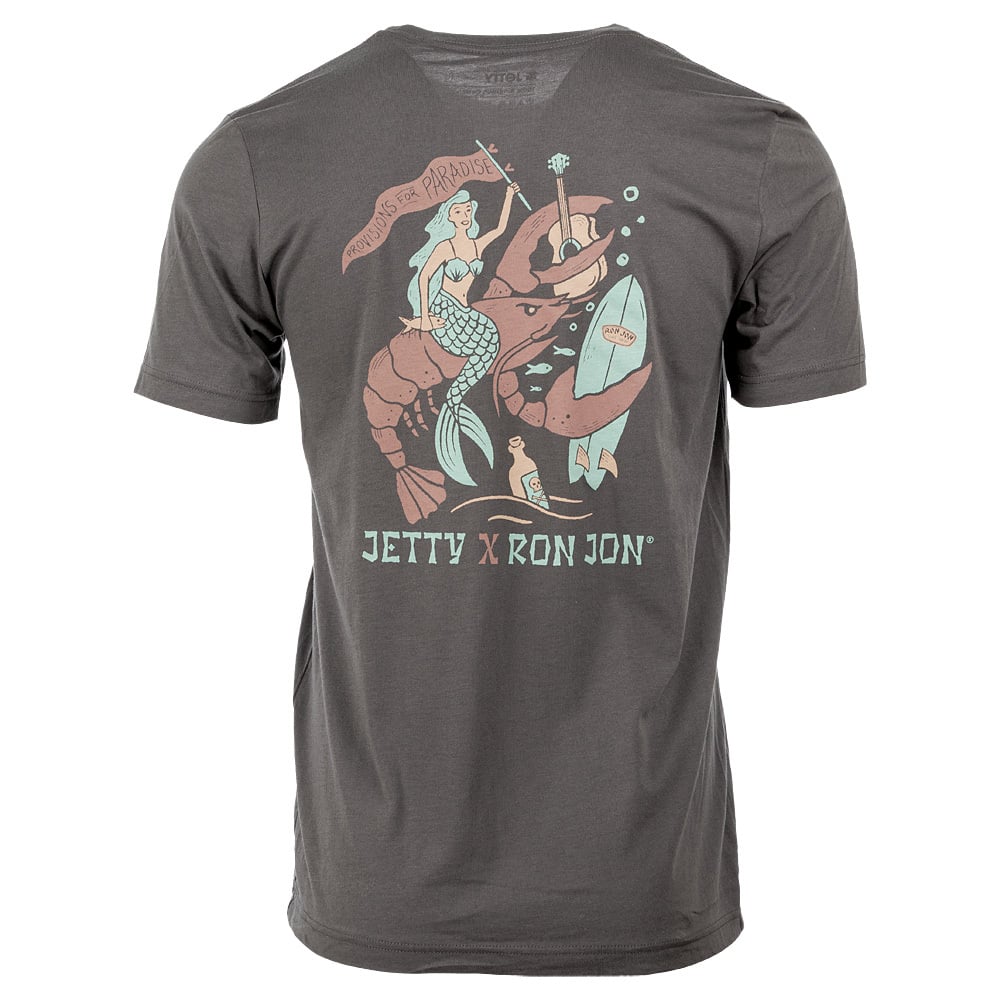 Gray T-shirt featuring an illustration of a mermaid sitting on a large lobster, with the text Provisions For Paradise and Jetty x Ron Jon.