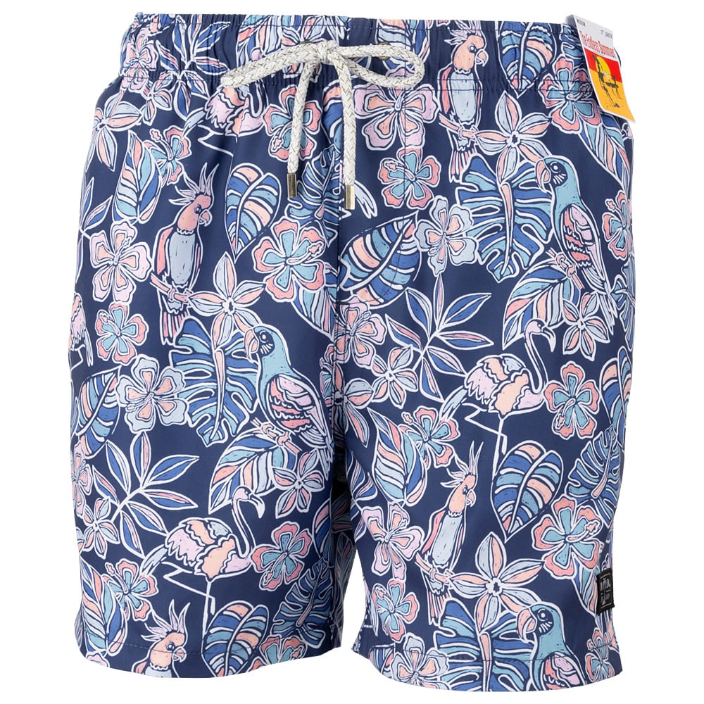 Blue swim trunks with a drawstring waist, featuring a pattern of pink and blue tropical birds and leaves.