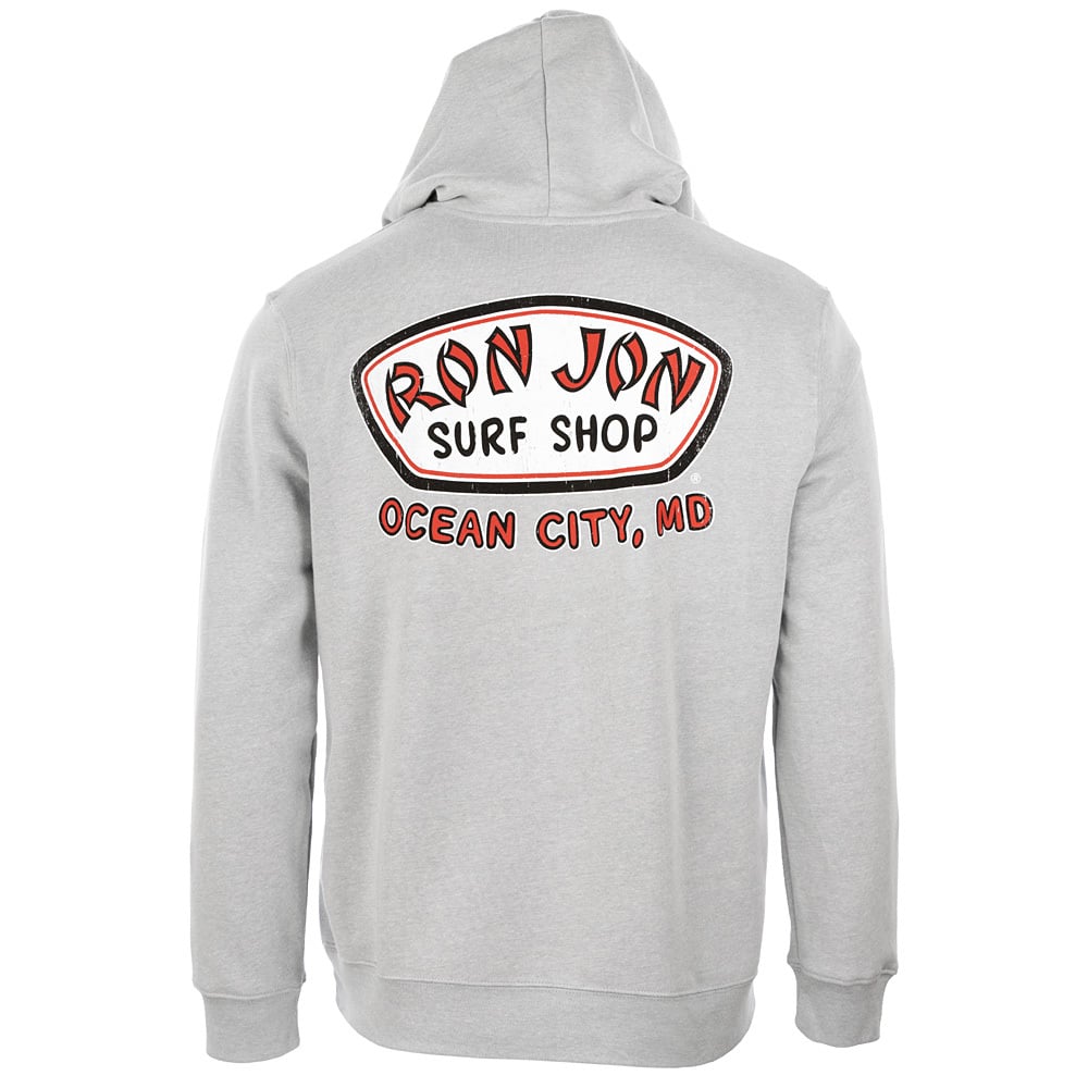 A gray hooded sweatshirt with Ron Jon Surf Shop and Ocean City, MD printed in red and black on the back.