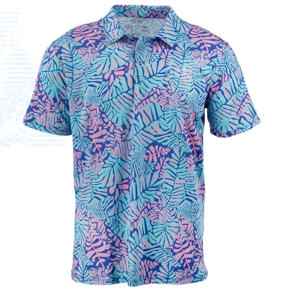 A short-sleeve collared shirt with a vivid blue and pink tropical leaf pattern.