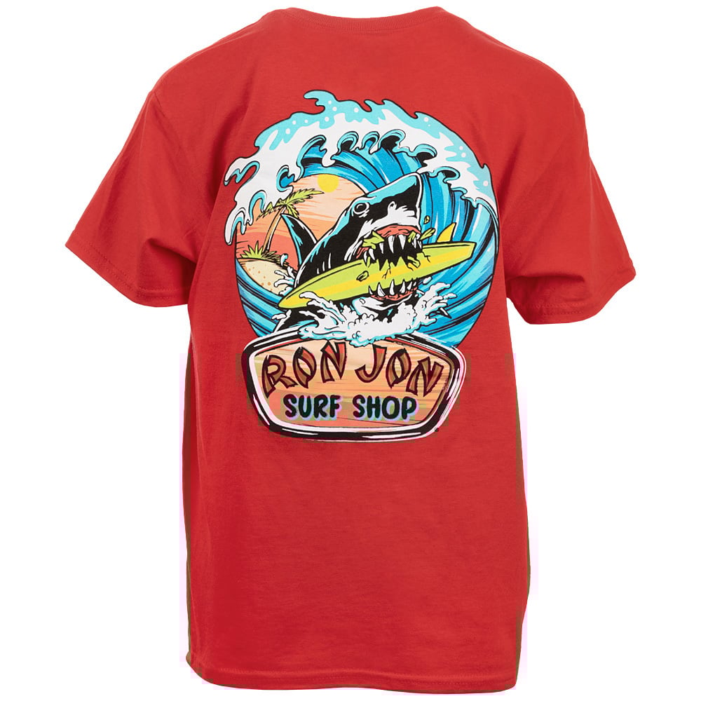 Red T-shirt with a graphic of a shark holding a surfboard in its mouth. The text reads, Ron Jon Surf Shop.