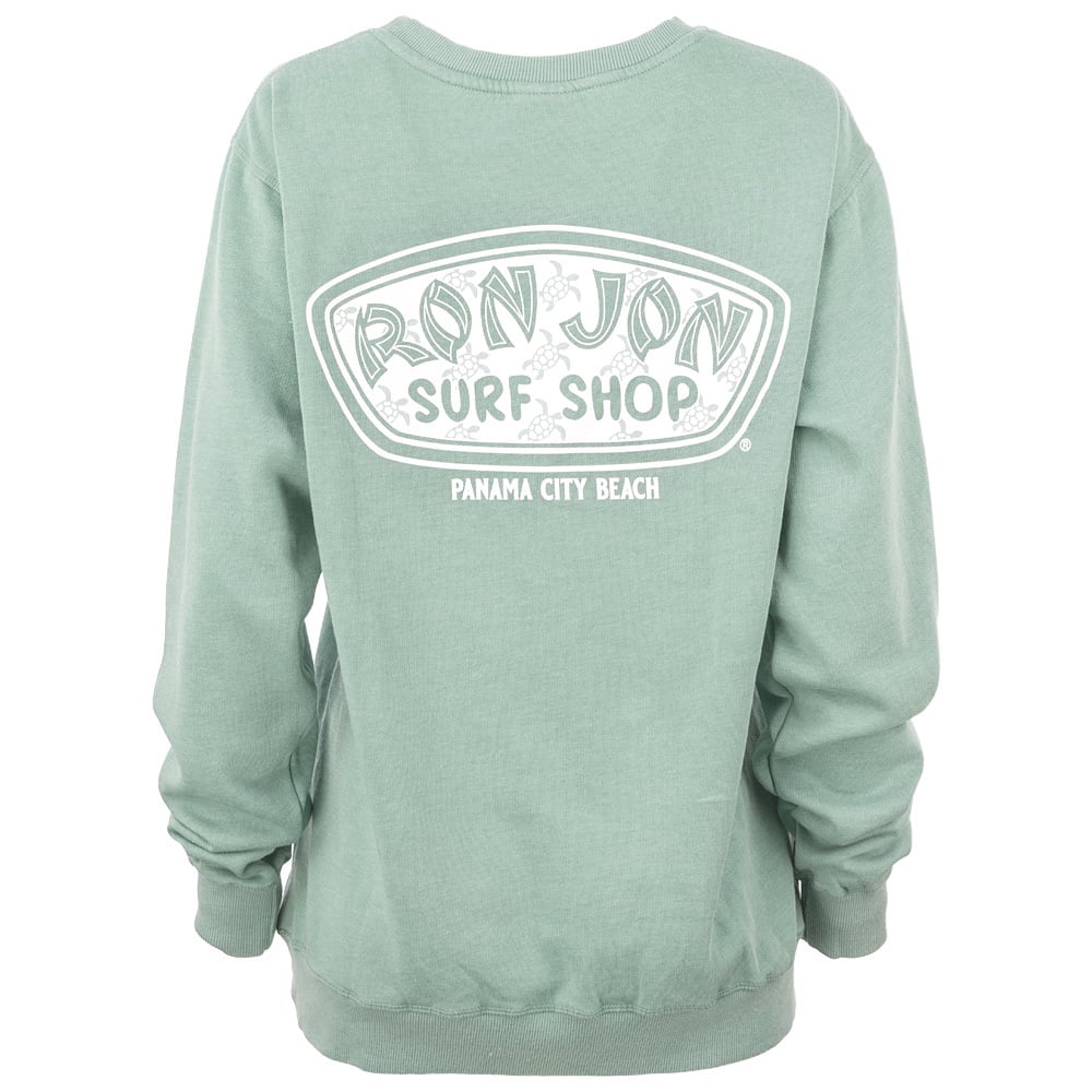 A green sweatshirt with a white Ron Jon Surf Shop, Panama City Beach logo printed on the back.