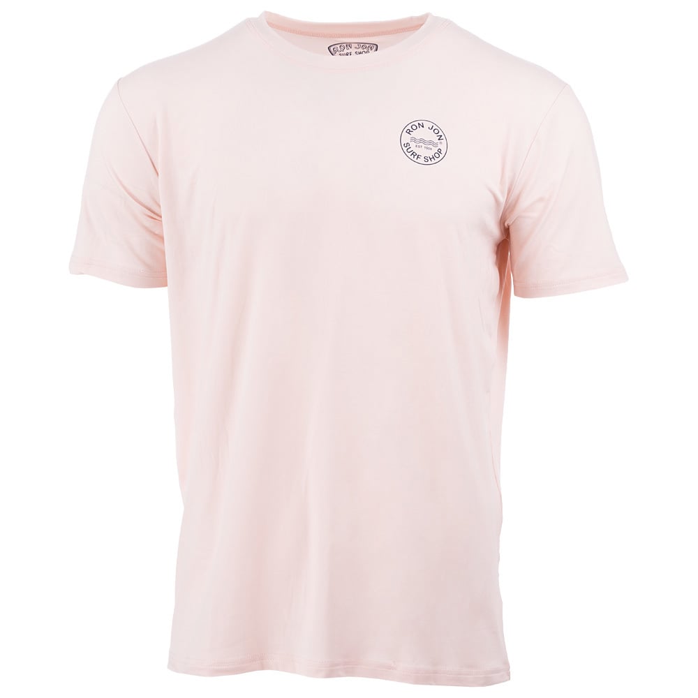 Pale pink short-sleeve T-shirt with small circular logo on the left chest.