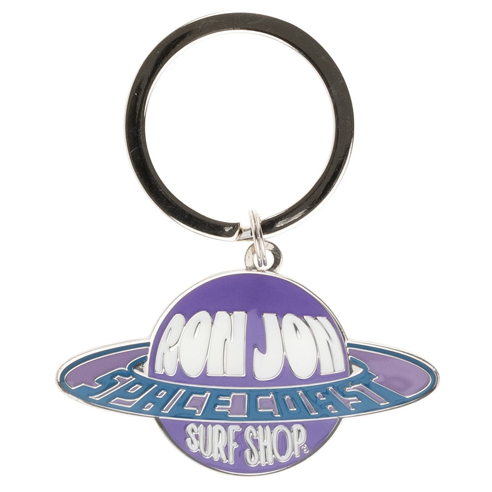 A keychain with a purple and blue planet-shaped pendant reading Ron Jon Space Coast Surf Shop.