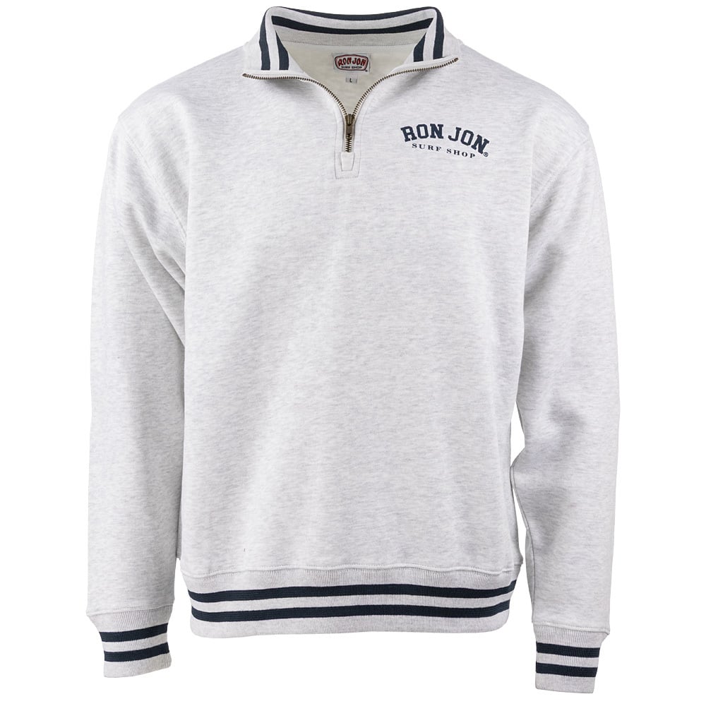 Light gray quarter-zip sweatshirt with navy stripes on the collar, cuffs, and hem. Features Ron Jon Surf Shop logo on the left chest.