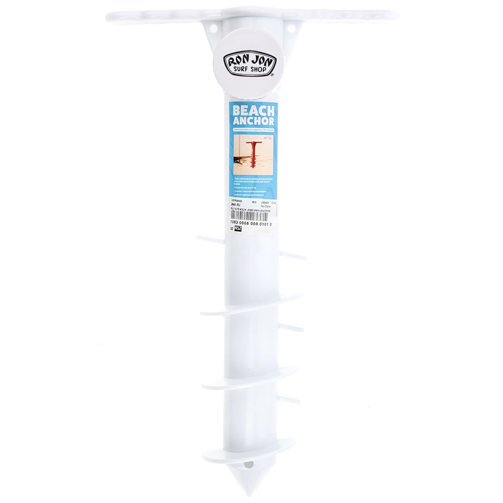 A white plastic beach anchor with a handle and spiral design, labeled Ron Jon Surf Shop, standing upright with a product label attached.