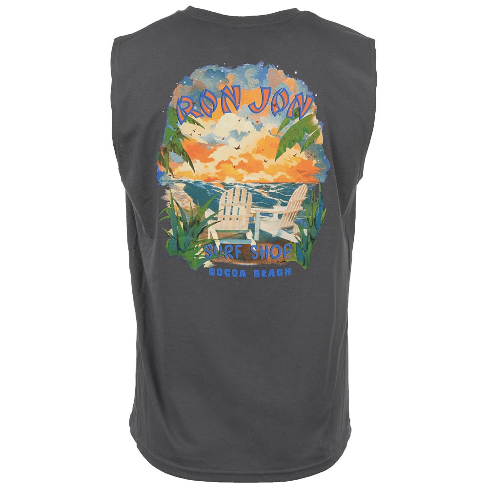 White sleeveless shirt featuring a colorful beach scene with chairs, sunset, and text: “Ron Jon Surf Shop, Cocoa Beach” on the back.