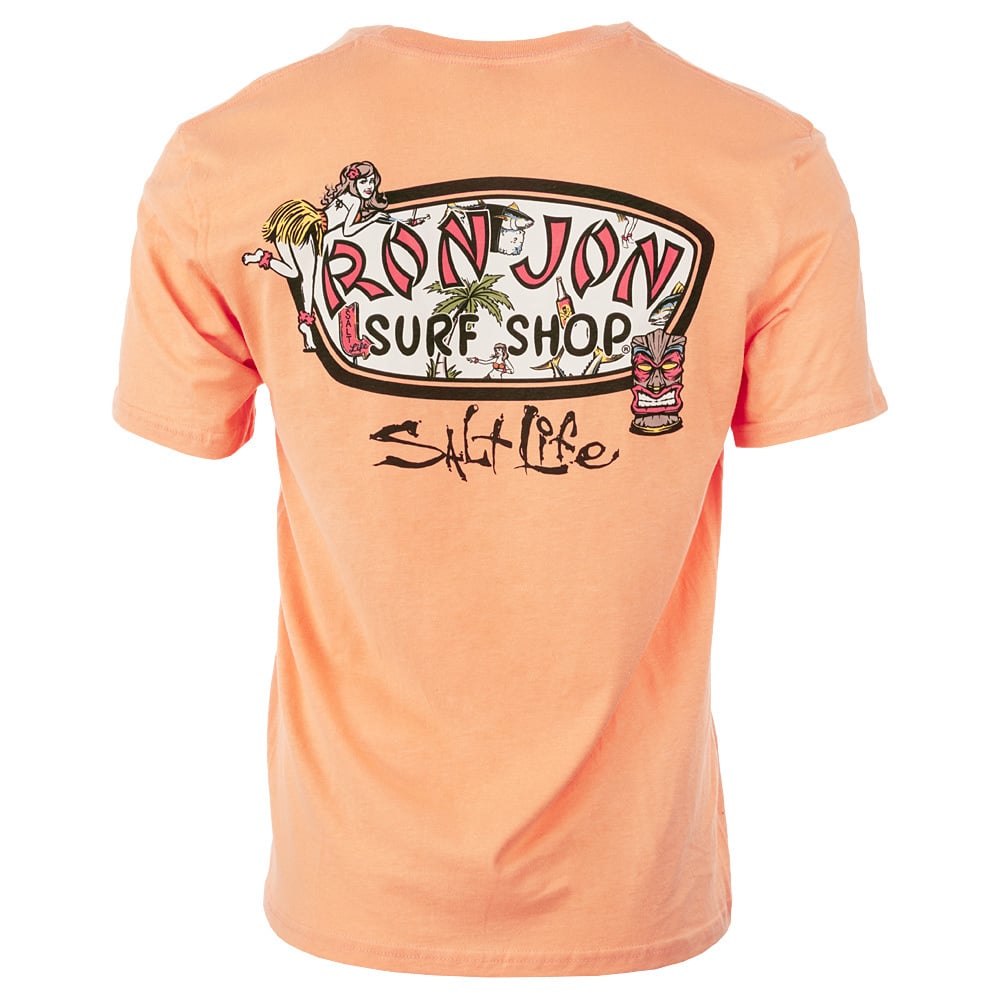 Back of an orange t-shirt featuring a Ron Jon Surf Shop logo, illustrations of hula girls, a tiki mask, and the text Salt Life below the logo.