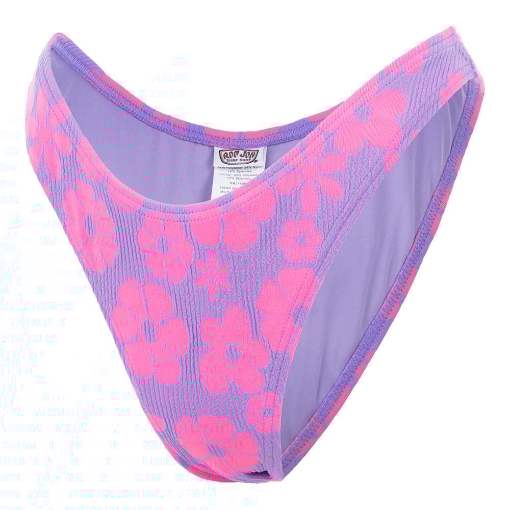Purple and pink floral-patterned bikini bottom, viewed from the front.