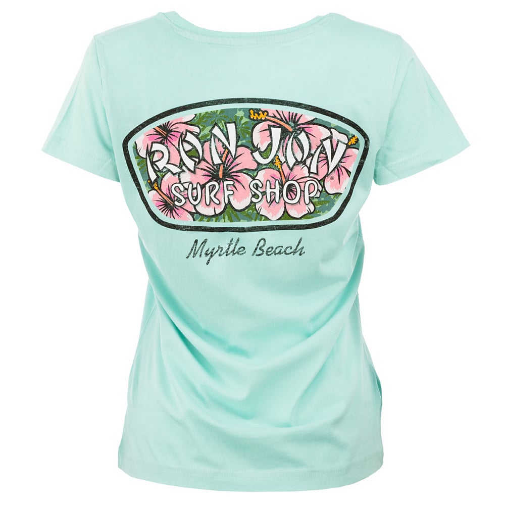 A mint T-shirt featuring a floral surf shop graphic with the words Ron Jon Surf Shop, Myrtle Beach on the back.