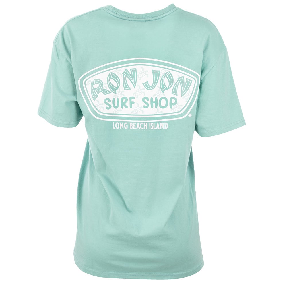 Mint t-shirt featuring a large white Ron Jon Surf Shop Long Beach Island logo with turtle accents on the back.