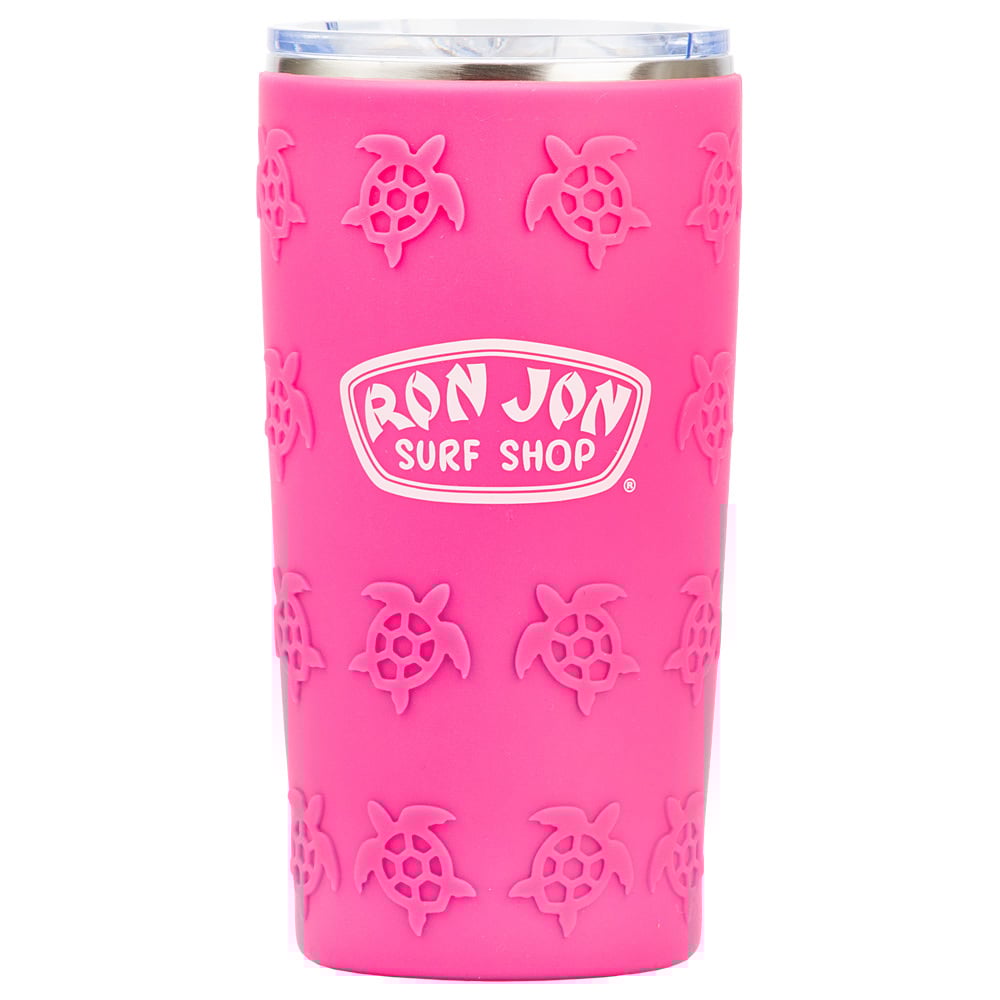A pink Ron Jon Surf Shop tumbler with embossed sea turtle designs and a clear, silver-rimmed lid.
