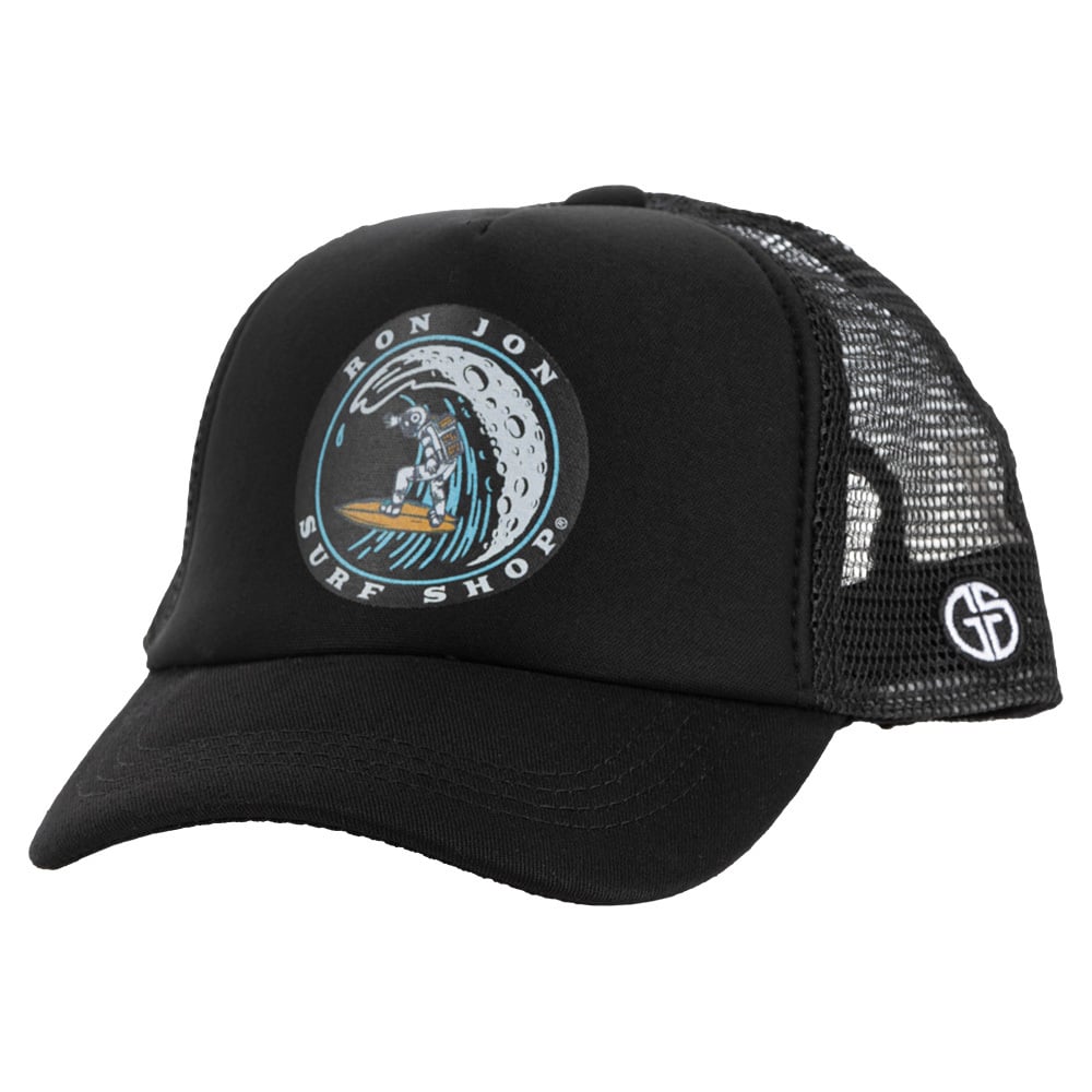 Black trucker hat with a mesh back featuring a Ron Jon Surf Shop logo of a surfing astronaut on the front.