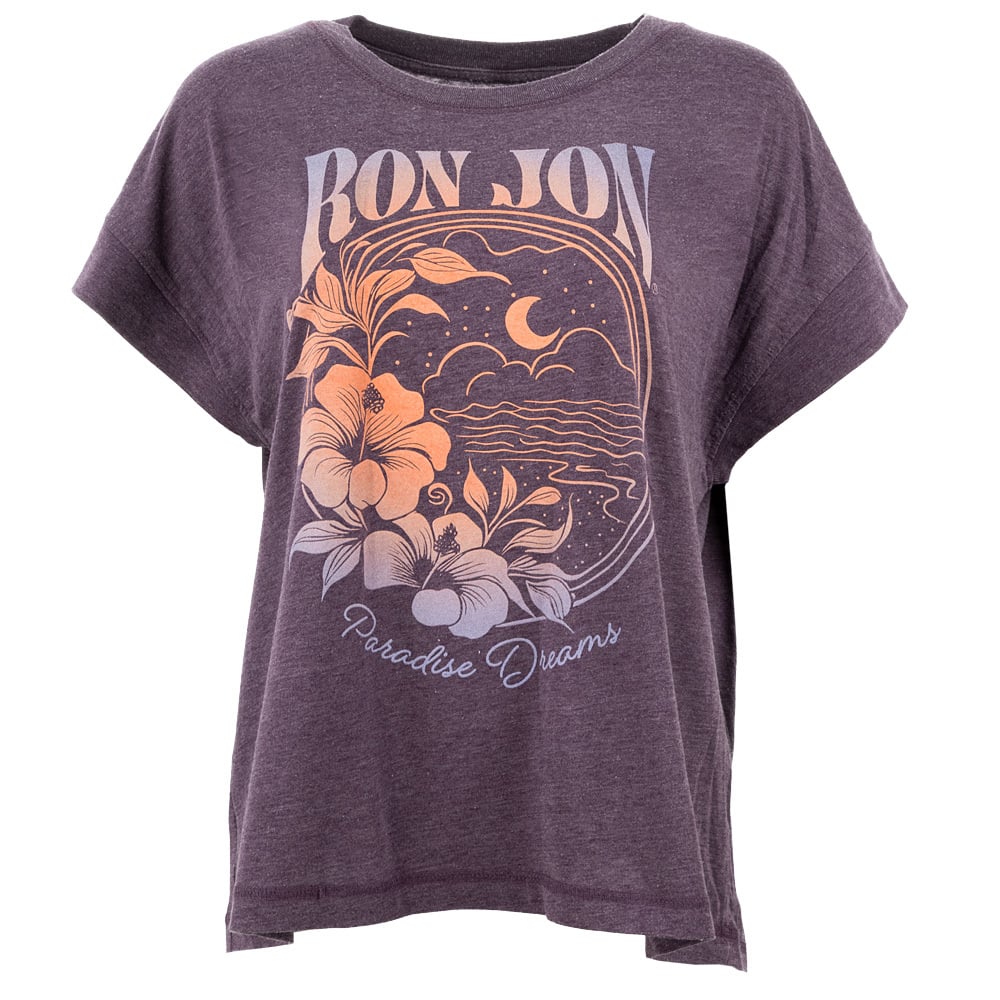 Gray T-shirt featuring a floral design and the text Ron Jon Paradise Dreams with a moonlit beach scene.