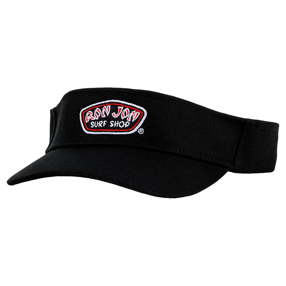 Black visor with an adjustable strap for a personalized fit, featuring the Ron Jon Surf Shop logo embroidered on the front in vibrant red and white.
