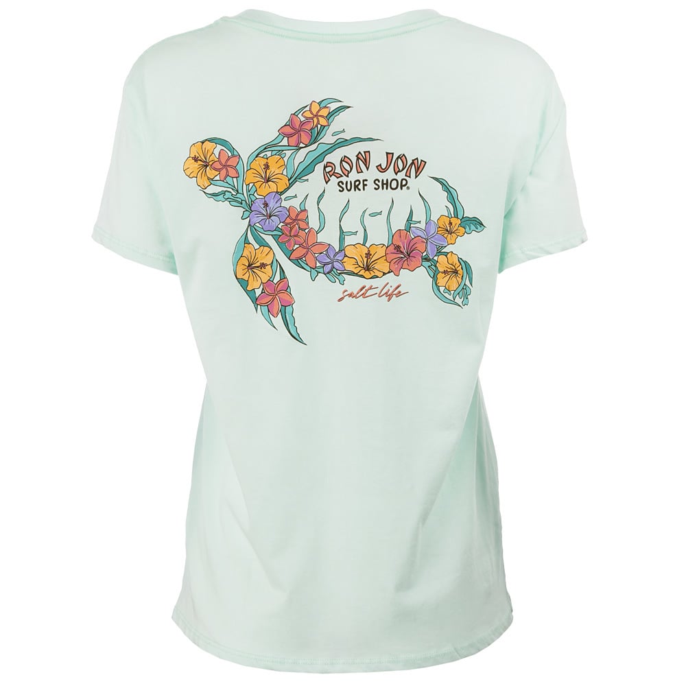 A light green T-shirt with a floral sea turtle graphic and Ron Jon Surf Shop Salt Life text on the back.
