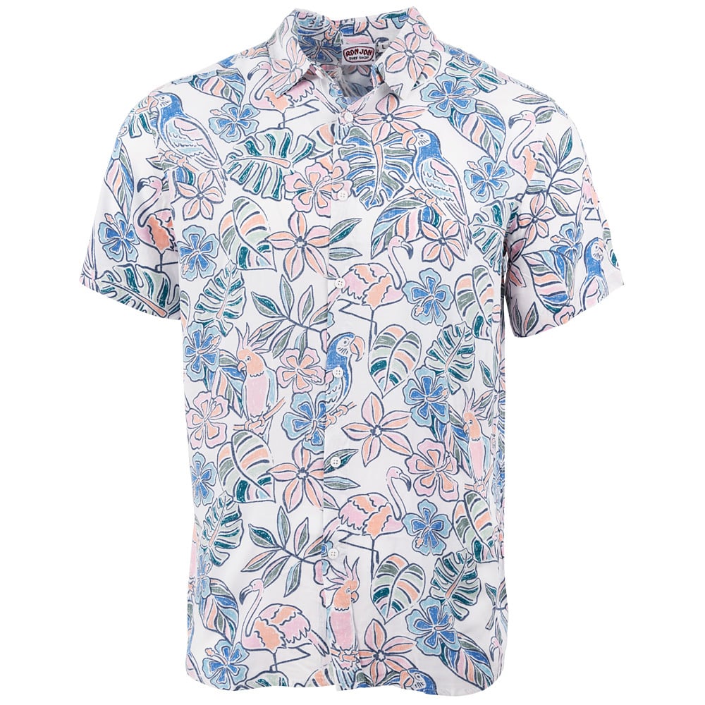 Short-sleeved shirt with a floral and parrot pattern in pastel colors on a white background.