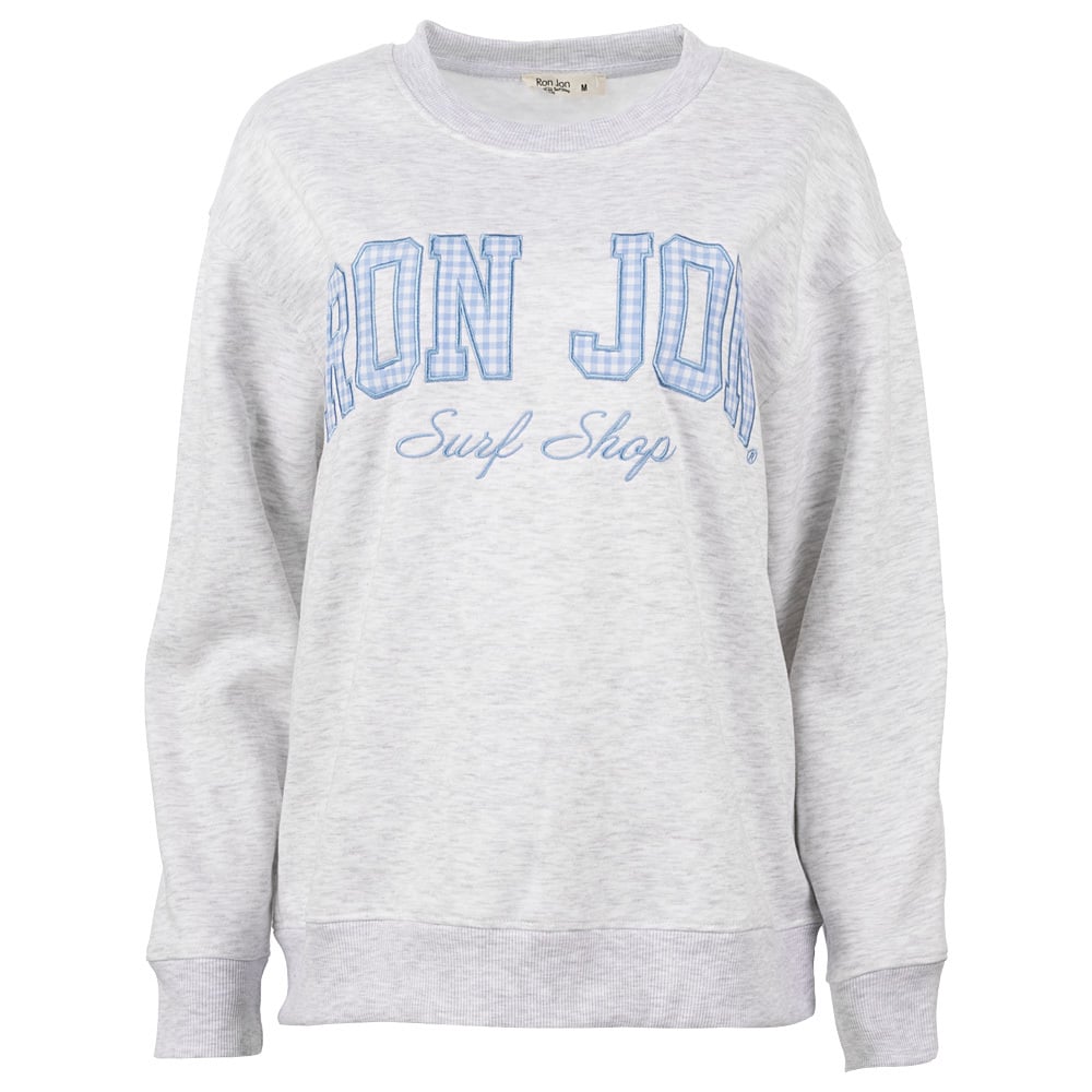 Light gray sweatshirt with RON JON Surf Shop written in blue on the front, displayed on a plain white background.