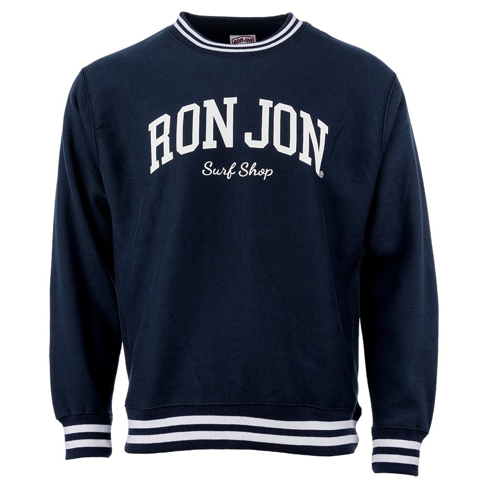 Navy blue sweatshirt with RON JON Surf Shop text in white across the front and white striped cuffs and hem.