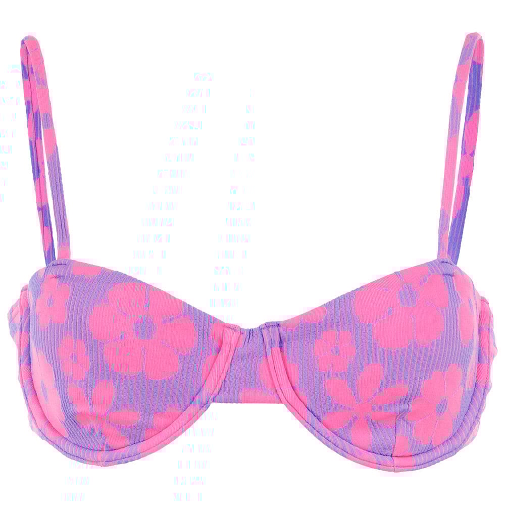 Purple and pink floral-patterned bikini top with thin adjustable straps.