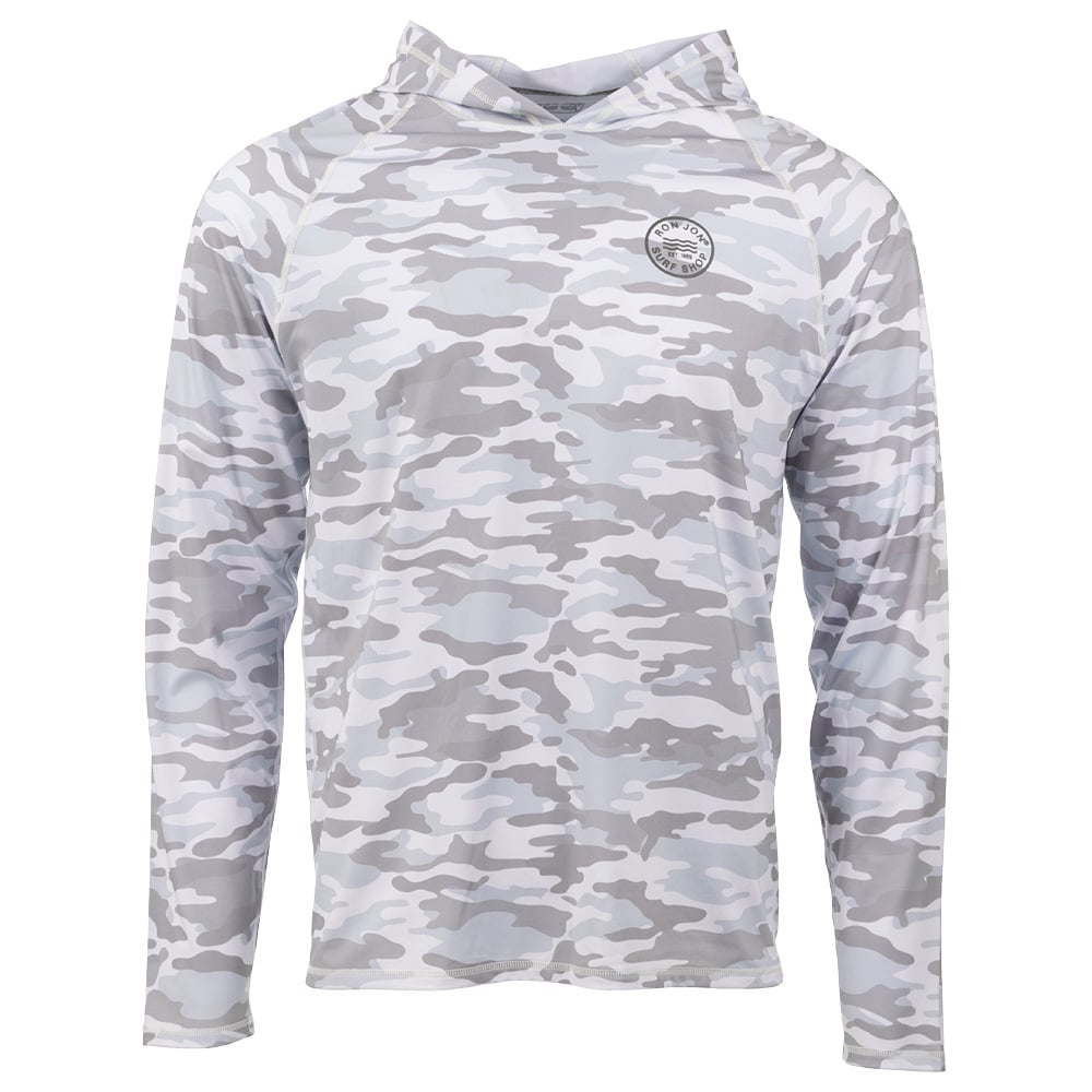 A long-sleeve hooded shirt with a light gray and white camouflage pattern and a small circular logo on the chest.