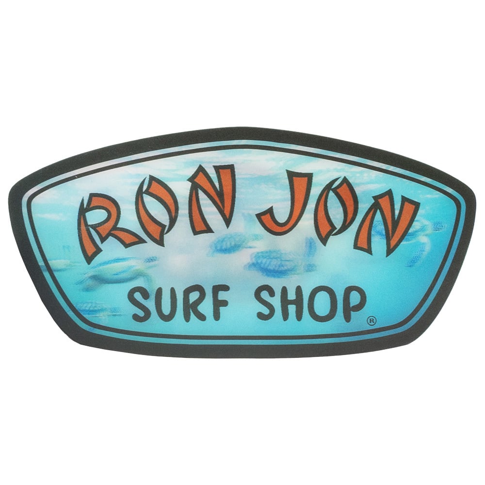 Ron Jon Surf Shop logo featuring red text on a blue background with a water and turtle design.