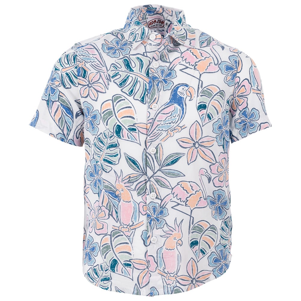 Short-sleeve shirt with a tropical print featuring pastel-colored parrots, leaves, and flowers on a white background.