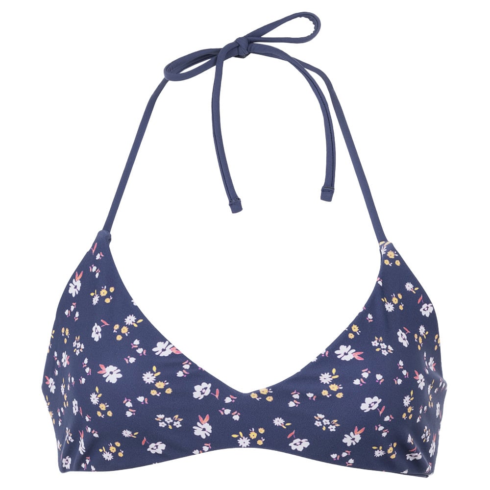 Navy blue floral bikini top with halter neck tie and small multicolored flower pattern.