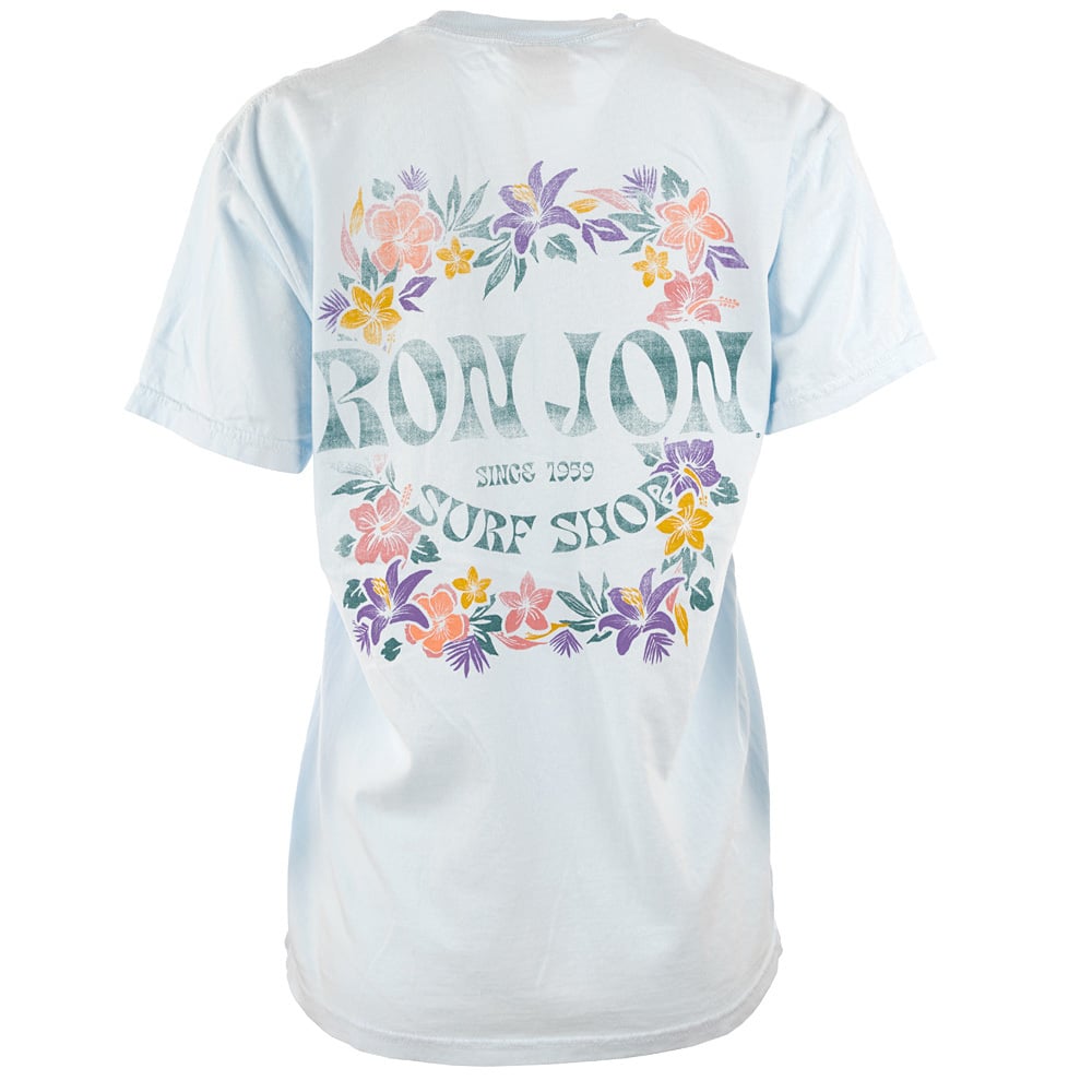 Light blue t-shirt with Ron Jon Surf Shop printed on the back, surrounded by colorful tropical flowers and leaves.