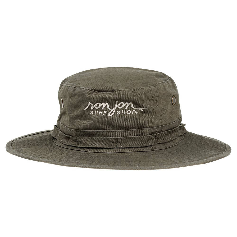 Green bucket hat with wide brim and embroidered Ron Jon Surf Shop logo on the front.