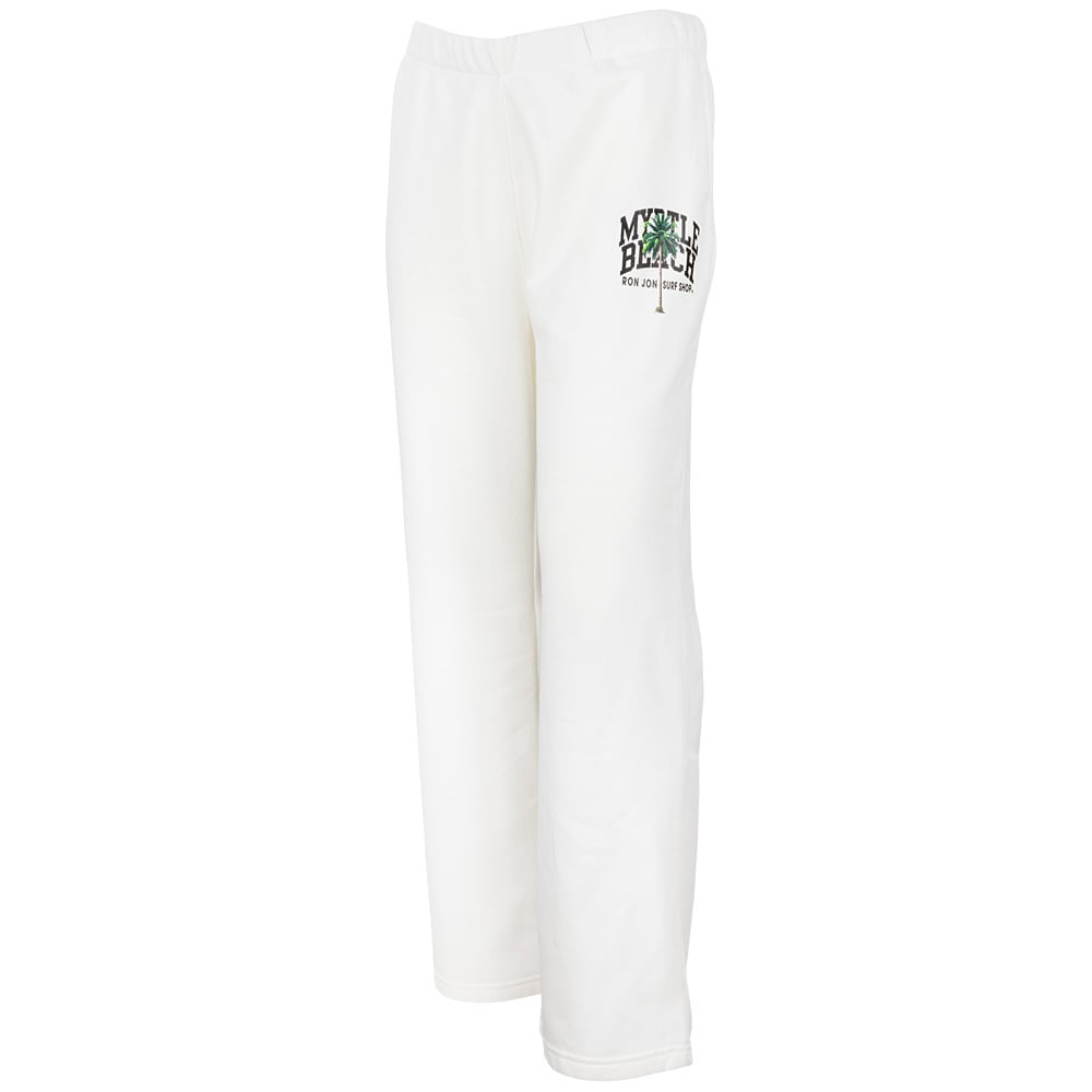 White sweatpants with an elastic waistband and Myrtle Beach printed in green and black lettering on the left thigh.