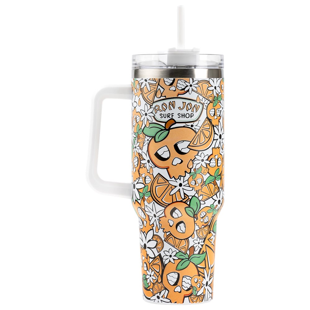 A tall travel tumbler with a handle and straw, featuring a colorful orange and floral design with Ron Jon Surf Shop printed on the front.