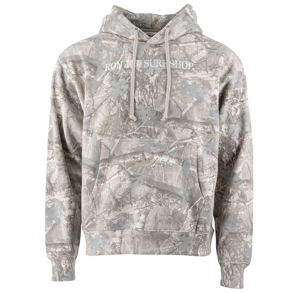 A gray camouflage hooded sweatshirt with a front pocket and RON JON SURF SHOP text printed on the chest.