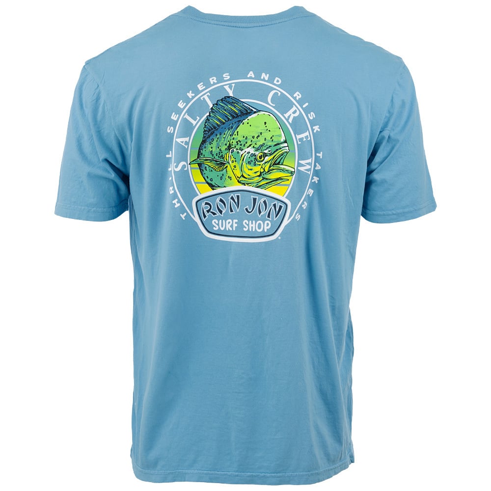 Blue t-shirt with a colorful fish graphic and Ron Jon Surf Shop logo on the back. Text around the fish reads Salty Crew and Thrill Seekers and Risk Takers.
