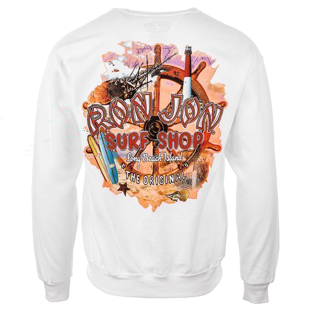White sweatshirt featuring a colorful "Ron Jon Surf Shop" graphic with surfboards, lighthouse, and the phrase "Long Beach Island The Original!" on the back.