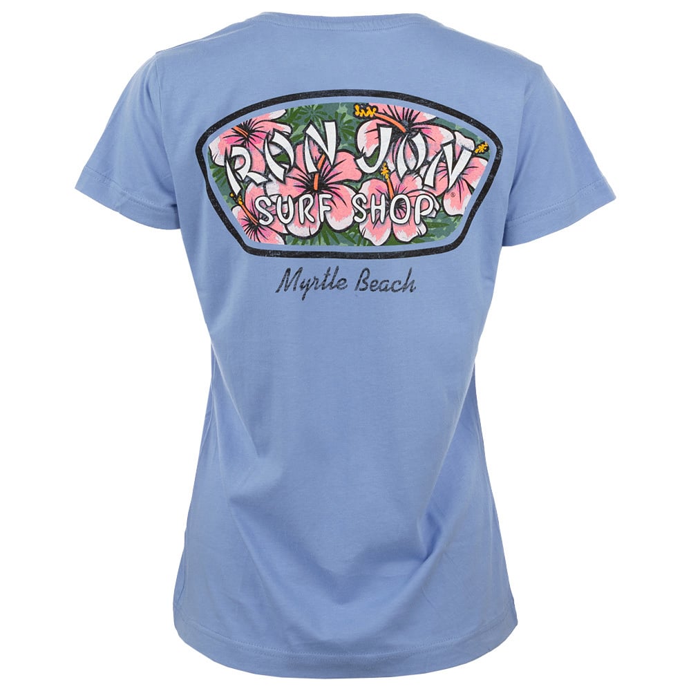 Blue t-shirt with a surfboard-shaped logo on the back. Ron Jon Surf Shop text surrounded by pink hibiscus flowers. Myrtle Beach written below.