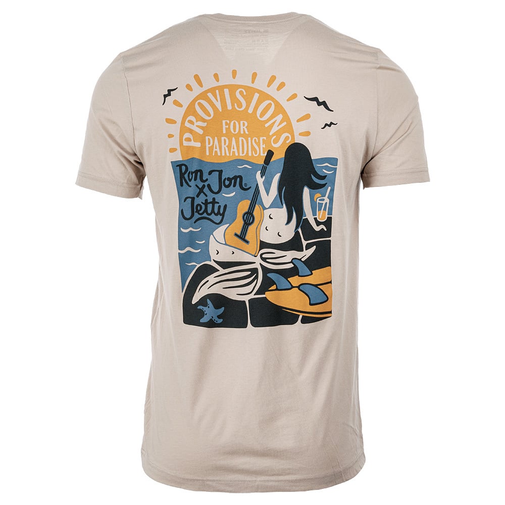 Beige T-shirt featuring an illustration of a mermaid holding a guitar, with text Provisions for Paradise above.