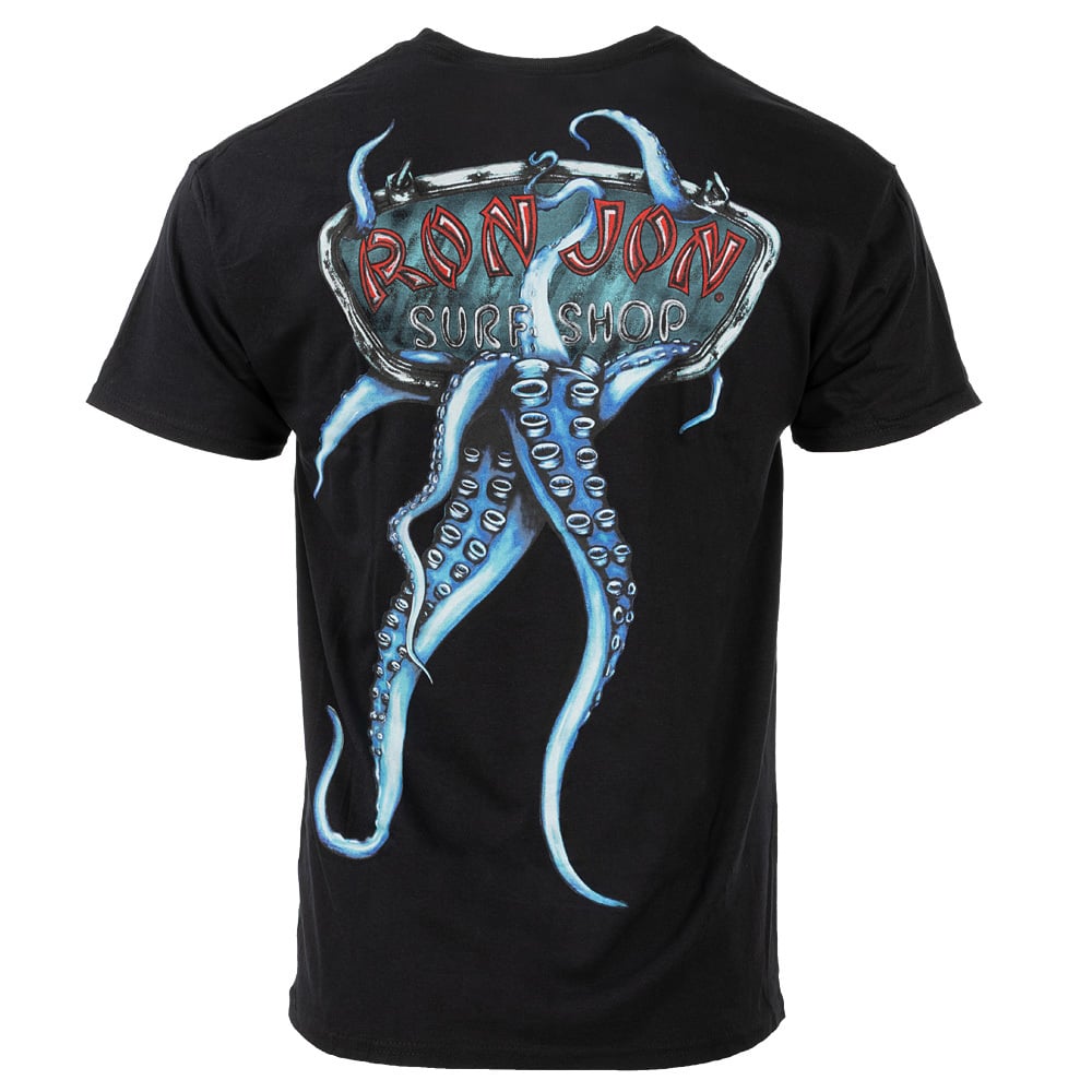 A black t-shirt features a graphic of an octopus and a sign reading Ron Jon Surf Shop on the back.
