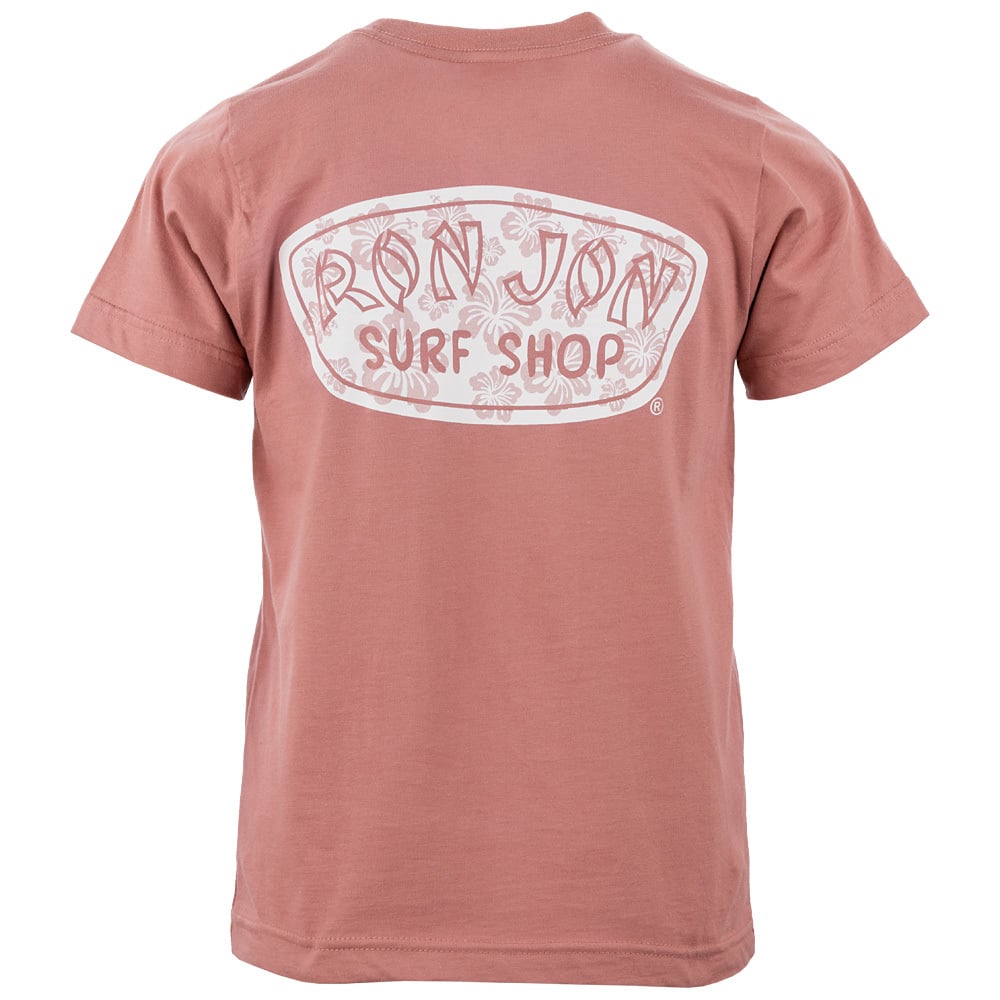 A mauve-colored T-shirt with Ron Jon Surf Shop printed in white text on the back inside a rounded design.
